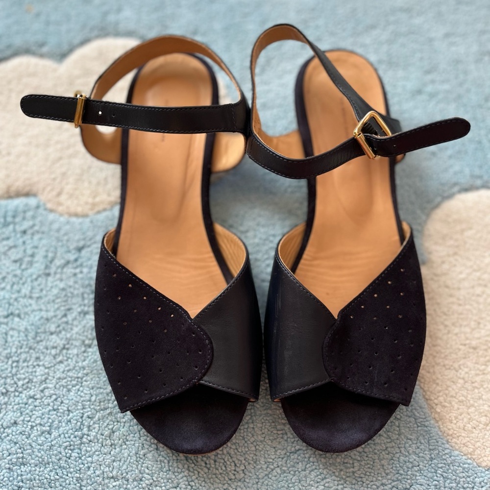 A.P.C. Low wedge buckle heels sandals. Size 41- us 9.5, leather suede - like new